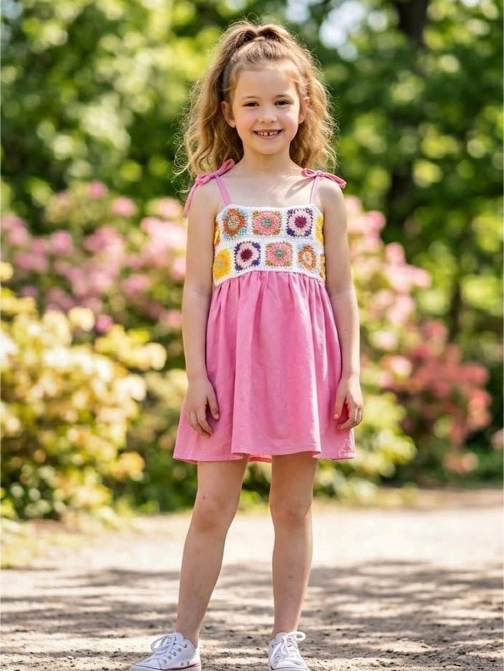 SHEIN Kids Girls Pink Crochet Granny Square Bodice Cami Dress Size 8Y Cotton